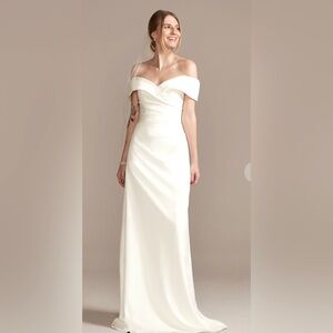 crepe off-the-shoulder sheath wedding dress